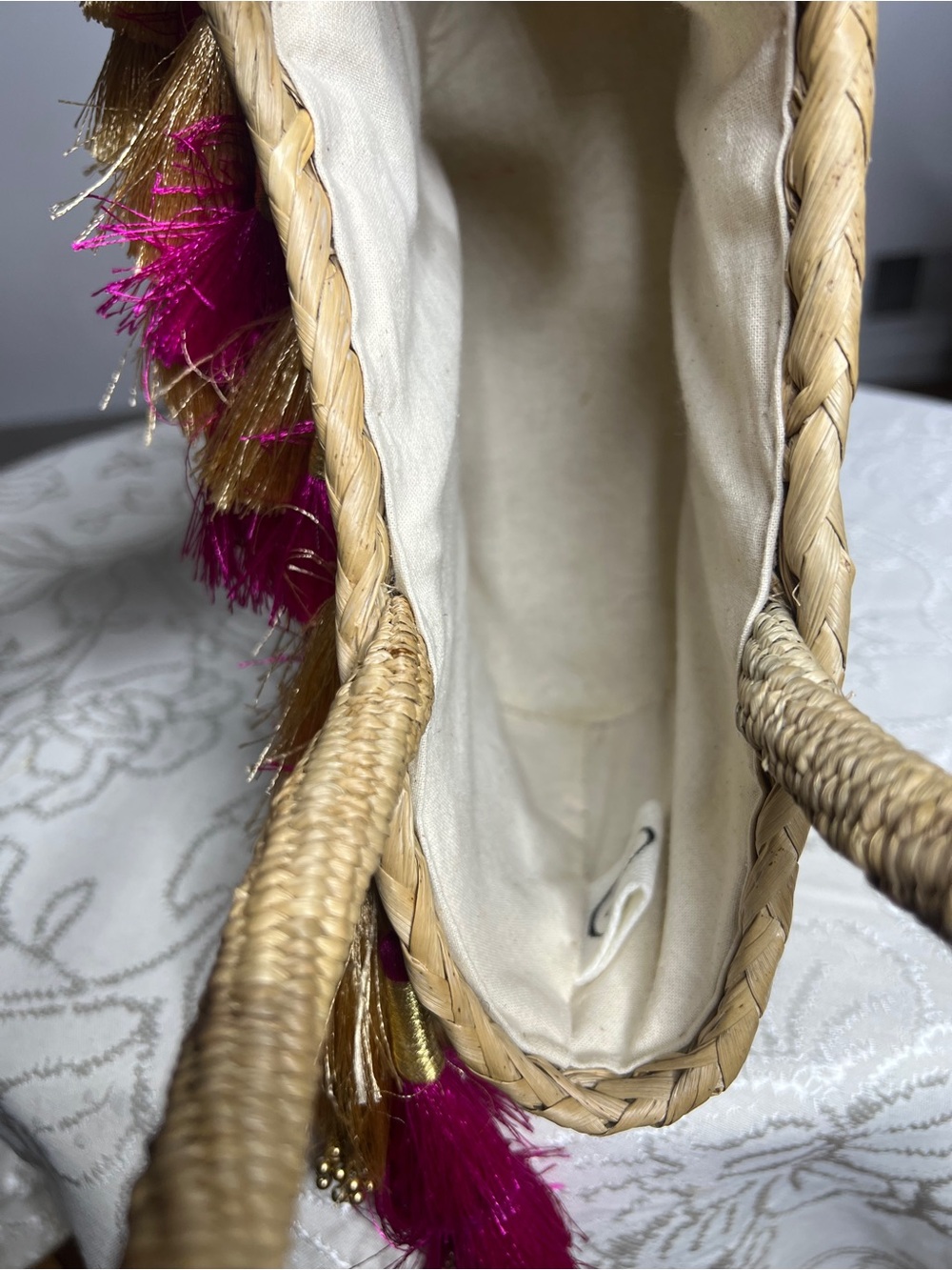 Vintage Straw Tote with Pink & Natural Tassels - Picture 9 of 9
